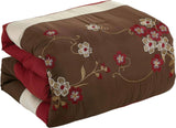 7 Piece Comforter Set Brown Red Floral Modern Bedding